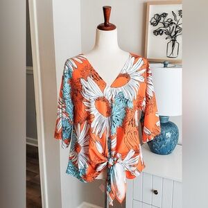 Floral V-Neck Tie-Front Top - Orange and Blue